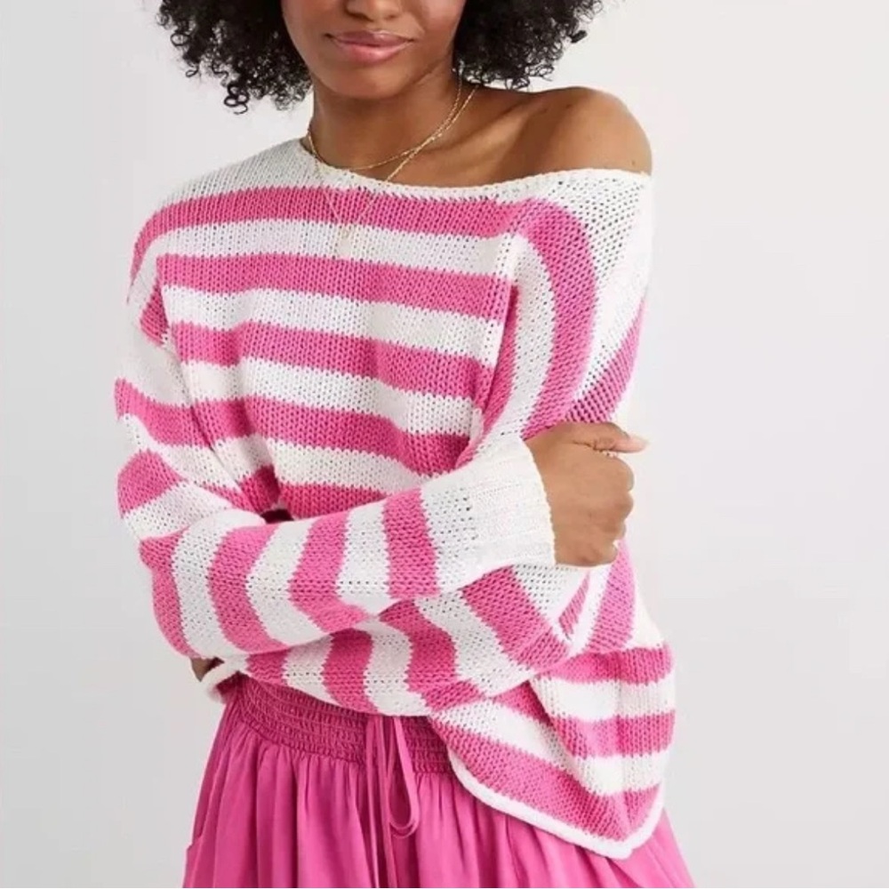 Pink and White Striped Women's Sweater